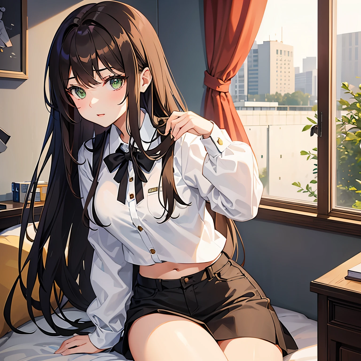 a short 19-year-old student girl with long brown hair NO BANGS and green eyes. she has a great figure and her personality is very calm, gentle and sweet. although sometimes she is passionate