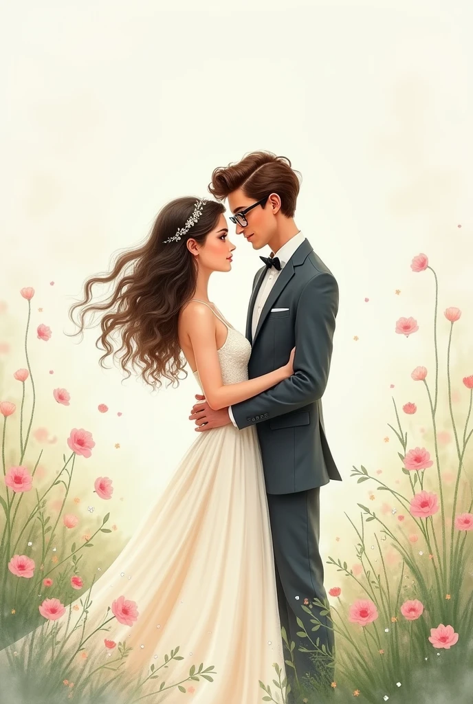 Create a drawing that looks like it was painted with watercolors of a girl dressed as a bride with white skin and curly hair and a boy dressed as a groom with dark skin and glasses