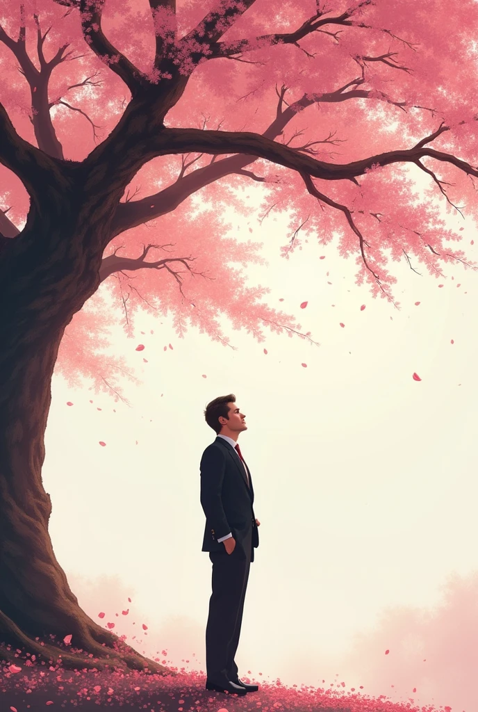 Under a big cherry tree, a handsome man is looking up at the cherry blossoms with his back to me.

