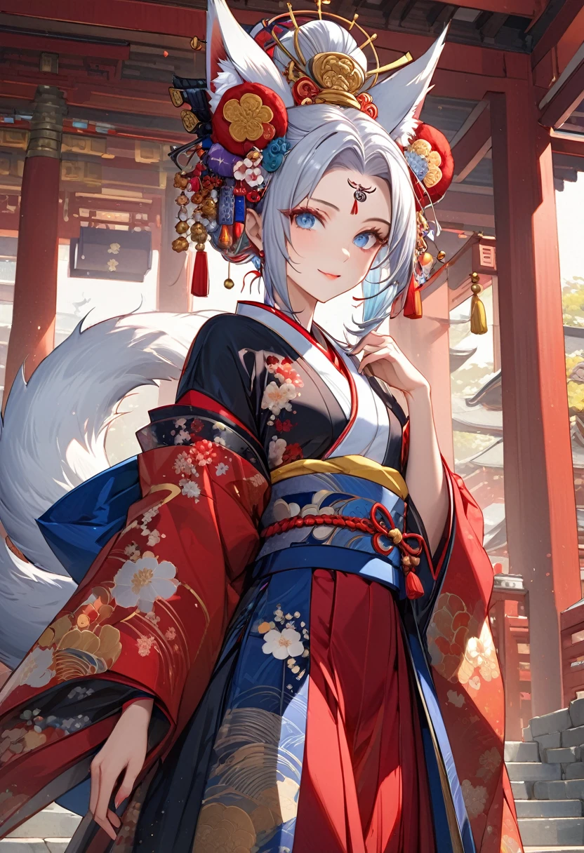 Ink painting, (((1 girl))), (((Tattoo in the middle of the forehead))),(((In the background is the Akatsuki moon))), (((Oiran))), (((Great hair accessories))), Demon possession, ((Masterpiece:1.2)), ((Highest quality)), Extremely detailed and delicate illustration style, Detailed leather texture, Detailed canvas texture, Very detailed description, (Masterpiece T), Extremely beautiful illustration, Highly detailed face, Raw image, professional, Ultra-high resolution panel, Complex details, Superior detail, Intricate decoration details, Perfect anatomy, real, (A very beautiful and kind silver fox woman or girl with blue eyes wearing a kimono), ((Beautiful silver fox ears)), (Beautiful silver fox tail), (Beautiful and shiny silver hair), (Beautiful and clear blue eyes), (Beautiful detailed eyes:1.6), ((Japanese temple priestess style: 1.7)), (Traditional tailored outfit), Front view, White flower kimono, Long red hakama skirt, A maxi skirt, Modestly dressed, He smiles, ((Standing and looking at me)), ((The day)), (Extremely detailed and beautiful Japanese temple construction), (8K Highest quality wallpaper), (Extremely detailed and delicate background)