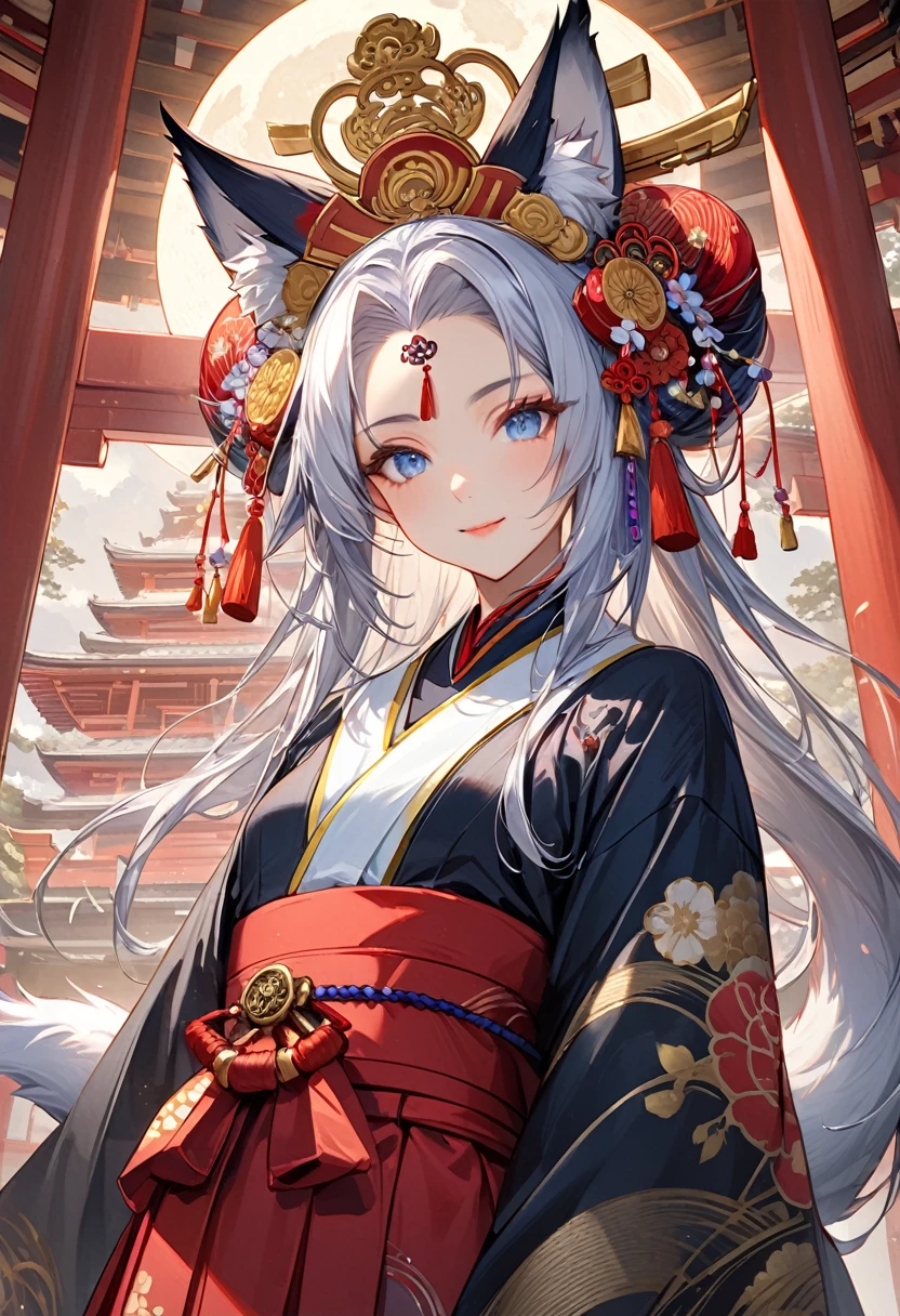 Ink painting, (((1 girl))), (((Tattoo in the middle of the forehead))),(((In the background is the Akatsuki moon))), (((Oiran))), (((Great hair accessories))), Demon possession, ((Masterpiece:1.2)), ((Highest quality)), Extremely detailed and delicate illustration style, Detailed leather texture, Detailed canvas texture, Very detailed description, (Masterpiece T), Extremely beautiful illustration, Highly detailed face, Raw image, professional, Ultra-high resolution panel, Complex details, Superior detail, Intricate decoration details, Perfect anatomy, real, (A very beautiful and kind silver fox woman or girl with blue eyes wearing a kimono), ((Beautiful silver fox ears)), (Beautiful silver fox tail), (Beautiful and shiny silver hair), (Beautiful and clear blue eyes), (Beautiful detailed eyes:1.6), ((Japanese temple priestess style: 1.7)), (Traditional tailored outfit), Front view, White flower kimono, Long red hakama skirt, A maxi skirt, Modestly dressed, He smiles, ((Standing and looking at me)), ((The day)), (Extremely detailed and beautiful Japanese temple construction), (8K Highest quality wallpaper), (Extremely detailed and delicate background)