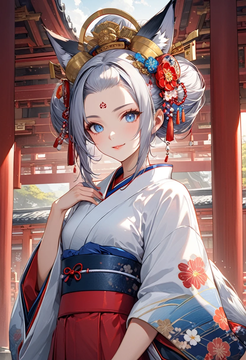 Ink painting, (((1 girl))), (((Tattoo in the middle of the forehead))),(((In the background is the Akatsuki moon))), (((Oiran))), (((Great hair accessories))), Demon possession, ((Masterpiece:1.2)), ((Highest quality)), Extremely detailed and delicate illustration style, Detailed leather texture, Detailed canvas texture, Very detailed description, (Masterpiece T), Extremely beautiful illustration, Highly detailed face, Raw image, professional, Ultra-high resolution panel, Complex details, Superior detail, Intricate decoration details, Perfect anatomy, real, (A very beautiful and kind silver fox woman or girl with blue eyes wearing a kimono), ((Beautiful silver fox ears)), (Beautiful silver fox tail), (Beautiful and shiny silver hair), (Beautiful and clear blue eyes), (Beautiful detailed eyes:1.6), ((Japanese temple priestess style: 1.7)), (Traditional tailored outfit), Front view, White flower kimono, Long red hakama skirt, A maxi skirt, Modestly dressed, He smiles, ((Standing and looking at me)), ((The day)), (Extremely detailed and beautiful Japanese temple construction), (8K Highest quality wallpaper), (Extremely detailed and delicate background)