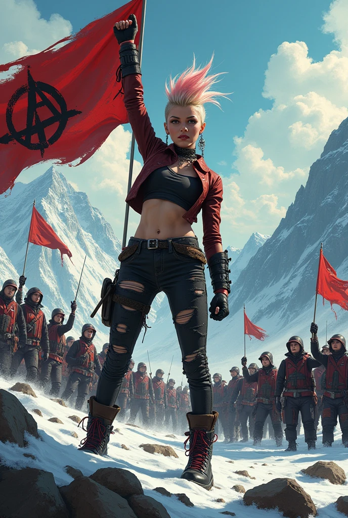 A punk girl from the war with the flag against on the battlefield on the mountain against neo-nazis with the anarchy flag replace a whole punk army against the Nazis, politics is only made up of a ski and Berlin is totally taken back by the punks, show me a battlefield where punks are happy to have right-wing populists