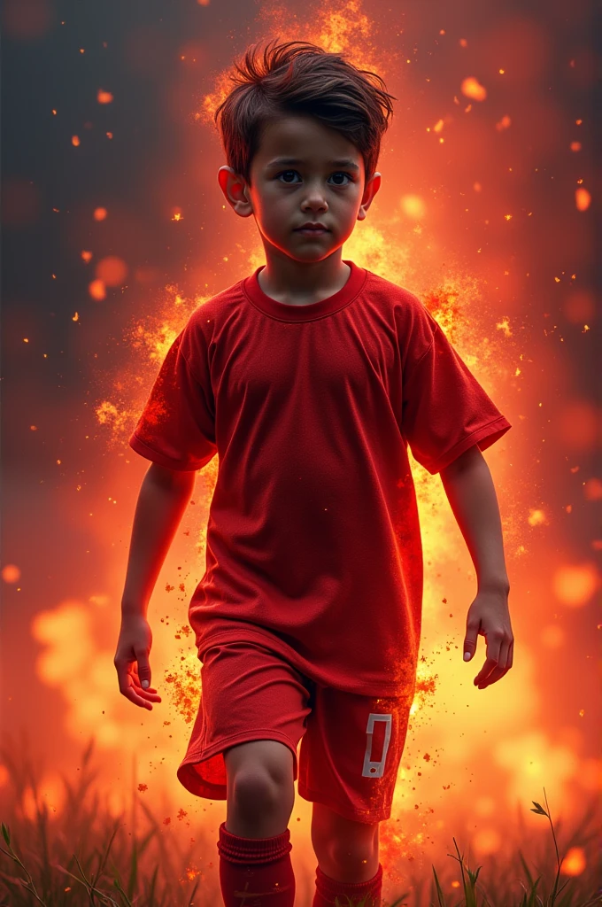 Intensely red fury emotion design on a t-shirt and sports shorts for a child's soccer team