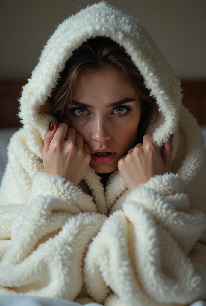 Une femme sexy qui a peur se fait engloutir par son plaid fausse fourrure blanc et elle est déjà à moitié englouti sur son lit on voit aussi c'est main