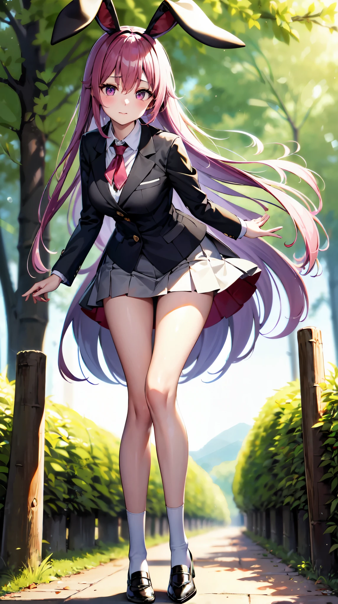 （（super high quality,Ultra-high resolution,16K,super masterpiece,Ultra HD,Ultra high definition,））One high school girl,White bunny ears,Very long straight purple hair,Slender body,Black blazer,White dress shirt,Tight collar,No.２I'm even removing the button,red long tie,Pink mini skirt,White socks,blush,Looks at me so shyly,Leaning forward greatly,Hands tucked between the crotches,Sweaty,Bamboo forest in the morning sun,A strong wind is blowing,The wind messes up my hair and skirt,