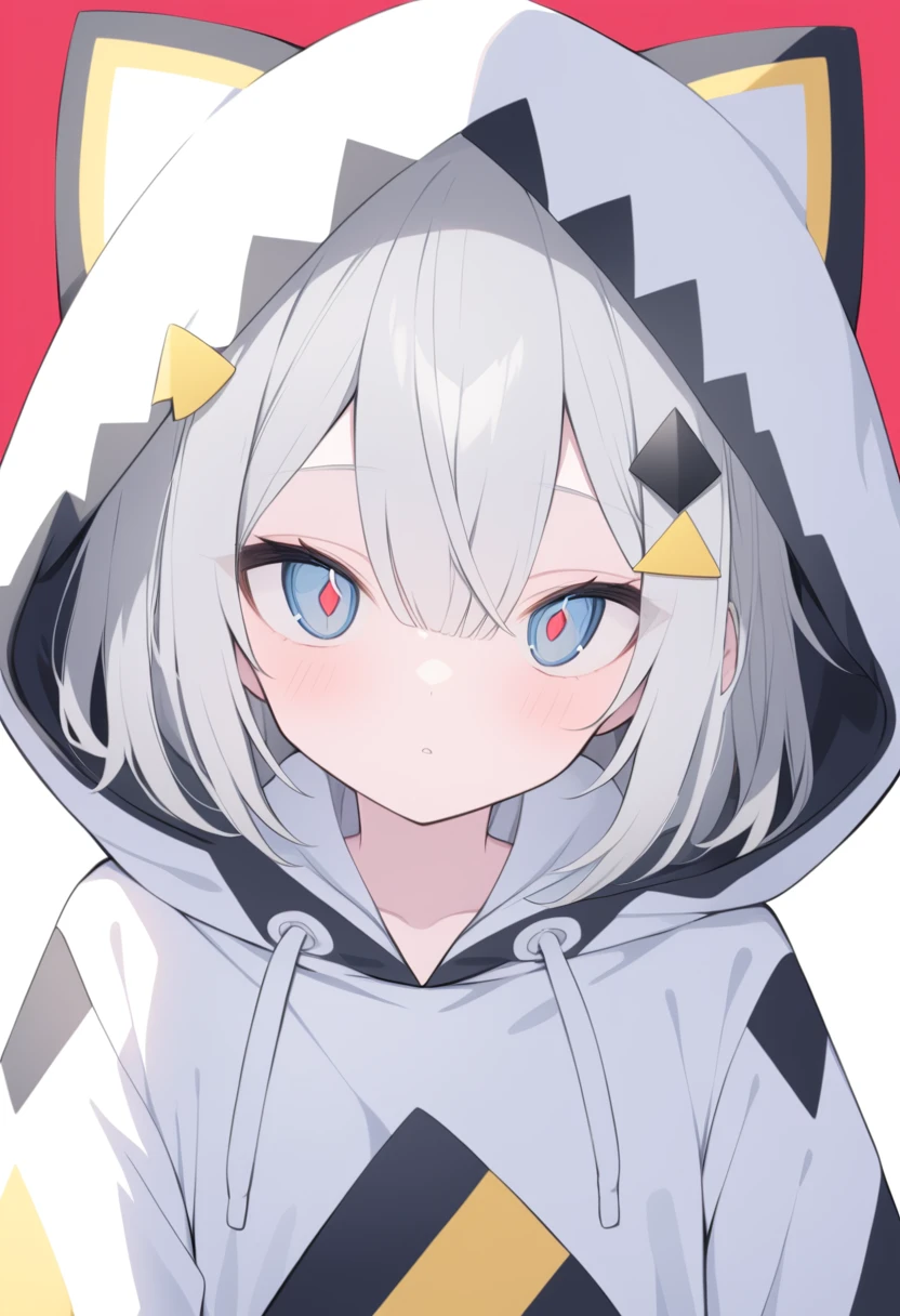 Thin gray hair Red light in blue eyes Widely opened eyes looking at the camera White hoodie Blue and black line pattern Diamond-shaped hair ornament A yellow triangle on the bottom of the hair accessory Black jagged edges on hood Black triangle on the hood2t