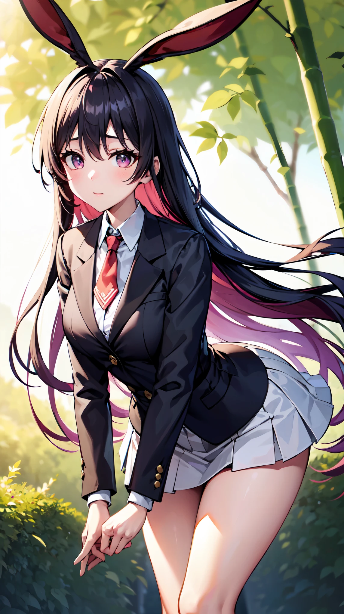 （（super high quality,Ultra-high resolution,16K,super masterpiece,Ultra HD,Ultra high definition,））One high school girl,Rabbit ears,Very long straight purple hair,Slender body,Black blazer,White dress shirt,No.２I'm even removing the button,Red tie,Pink mini skirt,White socks,Looks at me shyly,Leaning forward greatly,Hold down your skirt with your hands,Bamboo forest in the morning sun,A strong wind is blowing,The wind messes up my hair and skirt,