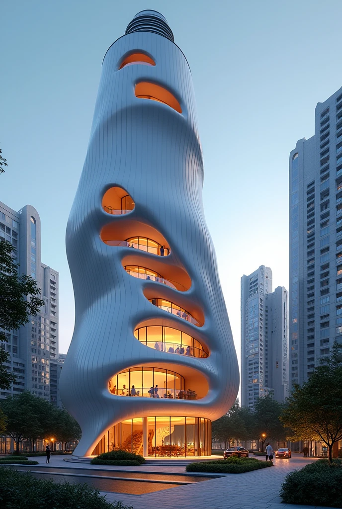 Modern residence building in a shape of a light bulb. It has a unique design and nice lights. It has a lot of details. Show the exterior of it.