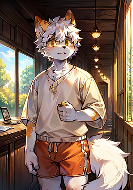 Eyes are bright, panoramic, Character Focus Solo, hairy, hairy的公猫, ;White fur, Golden Eyes, White hair(long），Wear orange shorts and shorts，Casual Clothing，Young Style，，Handsome， Has a tail，human nature,,(digital media \(A work of art\):1.2),(Hello，nothing,Ridiculous resources:1.2),Perfect Anatomy,Anatomically correct,,Detailed face,Delicate eyes,(Realistic fur,Delicate fur:1.25),Detailed background,Amazing background.cute，boy