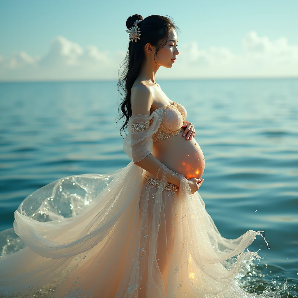 Vietnamese pregnant woman with huge breasts,full body shot , wearing a dress made of water, At the sea, wearing a gorgeous dress, gorgeous dress, intricate dress, elegant fire dress, gorgeous and elegant, lavish dress, inspired by Hedi Xandt, gorgeous dress, intricate dress, gorgeous royal dress, gorgeous clothes, gorgeous dress, intricate and elegant, dress with many intricate details, gorgeous, high heels, royal dress, detailed hands, Fire in the body, water on the dress, lightning element, fire element, lightning wings, full water, Transparent clothes, masterpiece, best quality: 1.2),, (8k, high resolution, RAW photo, realistic, realistic photo: 1.3), (detailed skin texture, detailed fabric texture, detailed water, texture, beautiful detailed face: 1.25), professional lighting, photon mapping, lighting beautiful soft light, radioactivity, physically based rendering, ray tracing, model shooting style, model shooting style, (ultra detailed 8k unity CG wallpaper), the most beautiful full body art in the world,