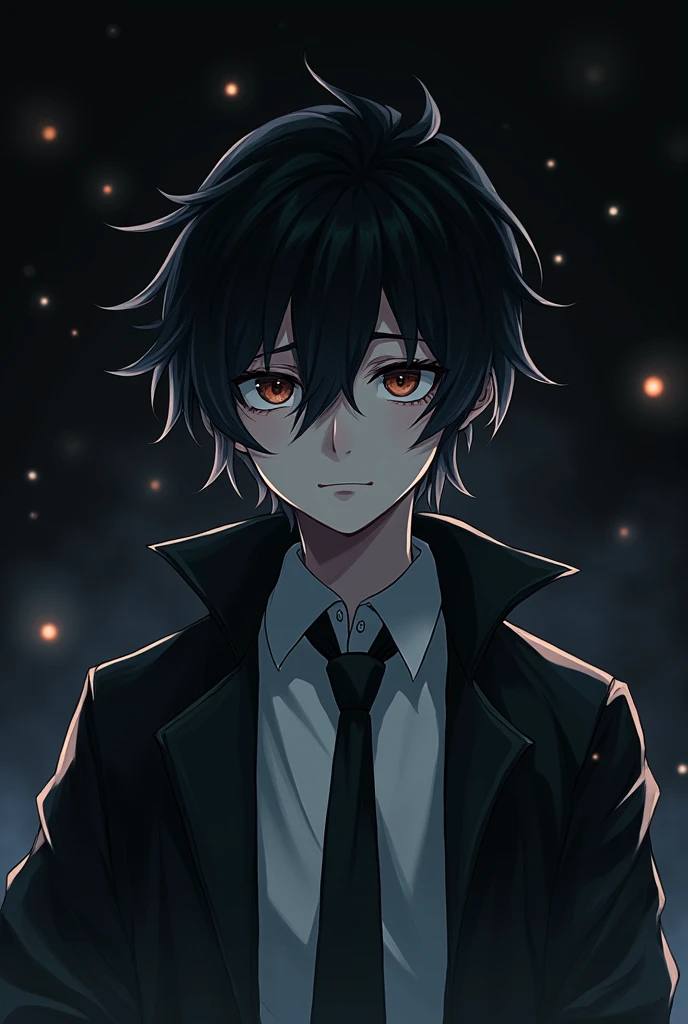 anime,black hair,male,Lab coat Black,tie(unbutton),eyes bags,black ground fantasy

