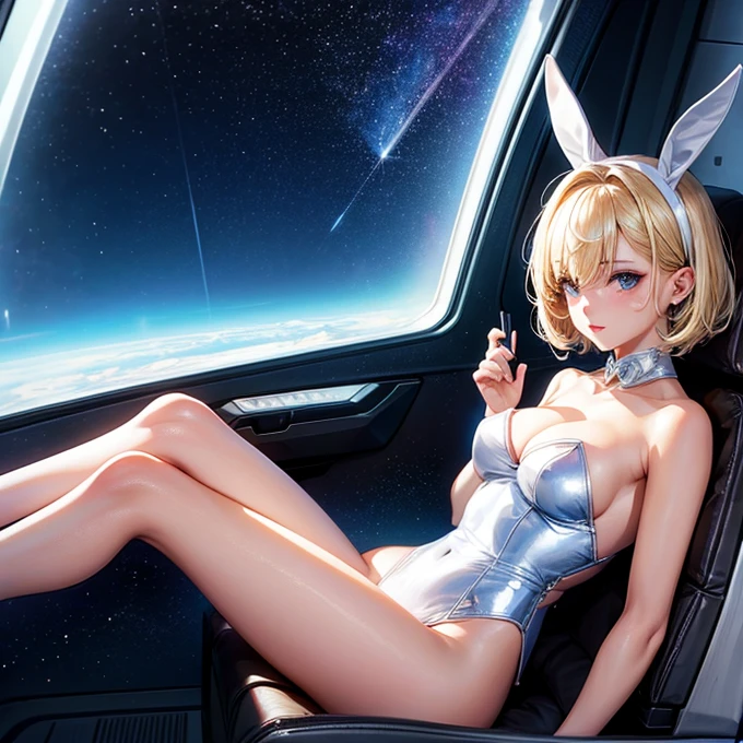 A young sexy woman with short hair and blonde hair in sexy clothes sits in a spaceship seat、A beautiful starry sky can be seen from the window.。Bunny girl