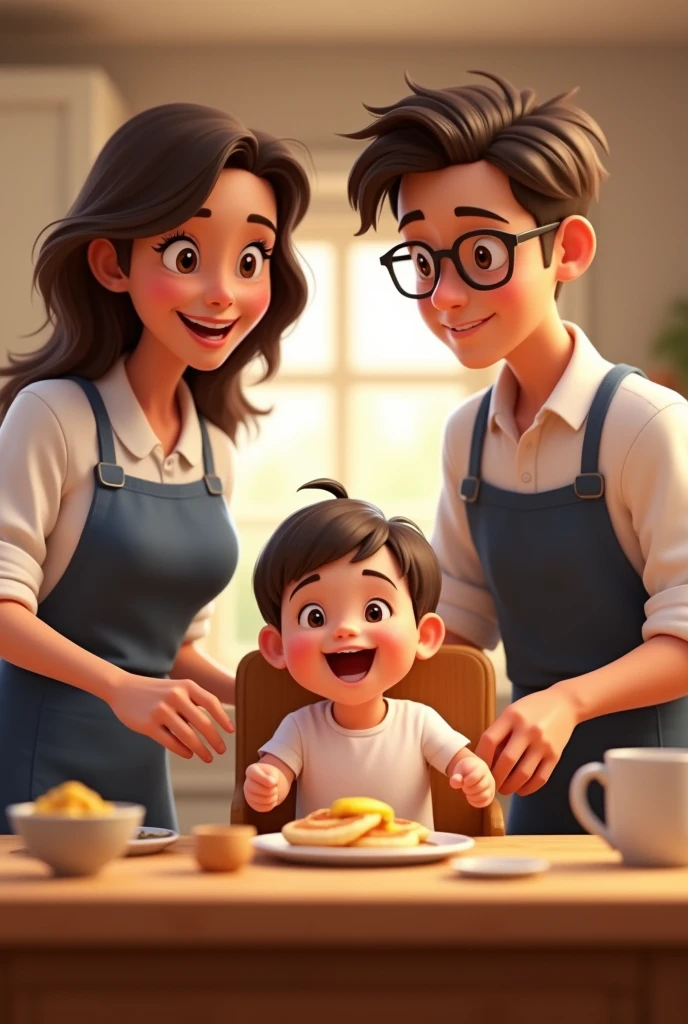animated mom with a dark brown wavy hair and dad with glasses, both wearing a white shirt and a dark blue apron preparing a breakfast while the baby wearing a plain white shirt is sitting on a brown high chair, giggling and drooling