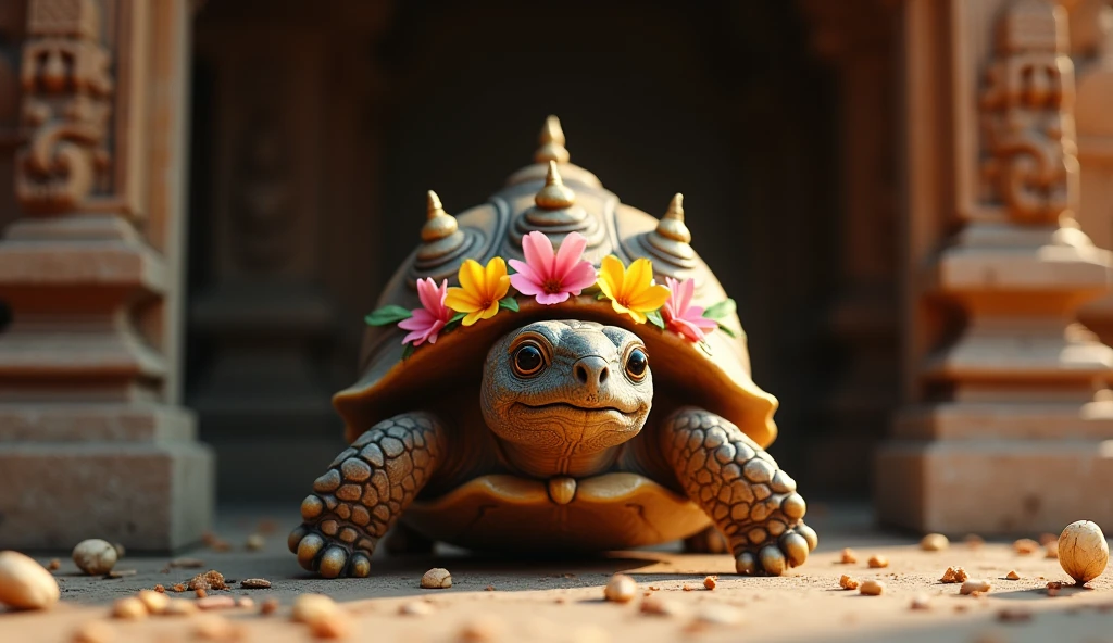 a baby tortoise hardly bigger than human palm. is sitting below a statue of viththal a god in Maharashtra temple. his head is covered with flowers as he peaks out of his shell