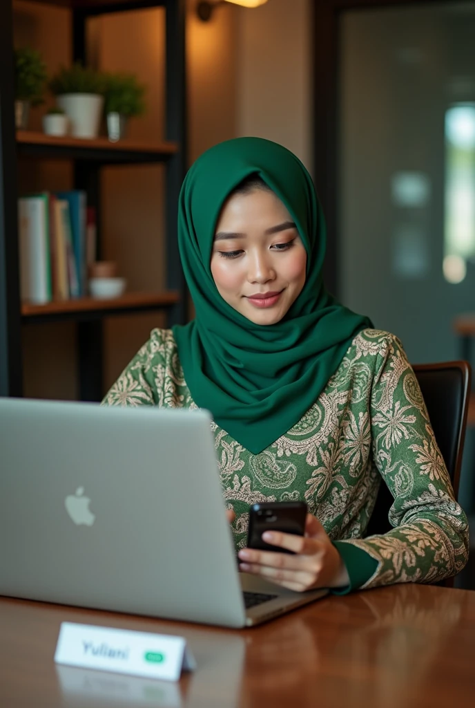 realistic photo of a beautiful Indonesian woman wearing a green batik hijab sitting on a chair facing a laptop at a table, Acrylic table nameplate with “YULIANI” written on the top, holding smartphone, WhatsApp conversation display appears, make sure the question says "Let's have lunch at the usual place, sis" and the answer says "ready". very detail. realistic 16k.bold font