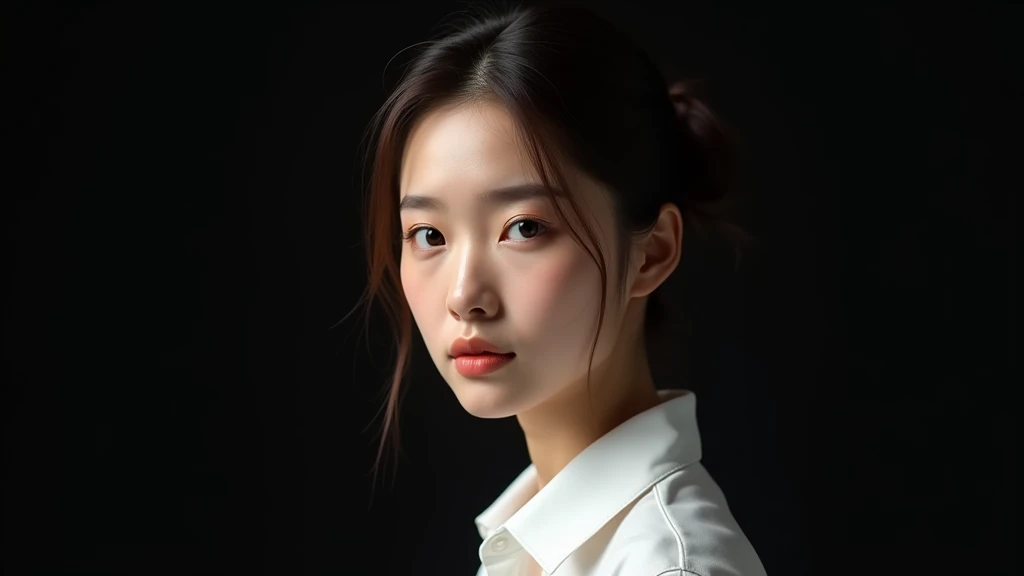 Best Quality, 8k, Masterpiece, (Portrait: 1.3), (photo realistic:1.4), (hyper realistic:1.4), Sharp Focus, looking at viewer, (smoother lighting:1.1), (increase cinematic lighting quality:0.9), realistic lighting, backlighting, light on face, ray trace, (brightening light:1.2), (Increase quality:1.4), sharp detail, (best quality real texture skin:1.4), finely detailed eyes, black_eyes, finely detailed face, 25 year old tanned Korean woman, (white formal_shirt:1.4), bun hair highlighted brown, void black back ground