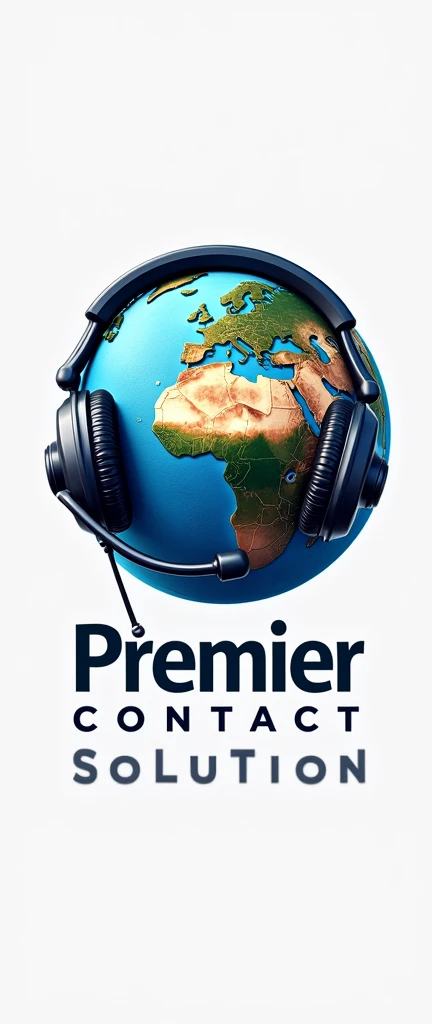Logo for a call center that has a headset to take calls and that is placed on the planet Earth and that says Premier Contact Solution below that the image looks realistic and the letters are the same size