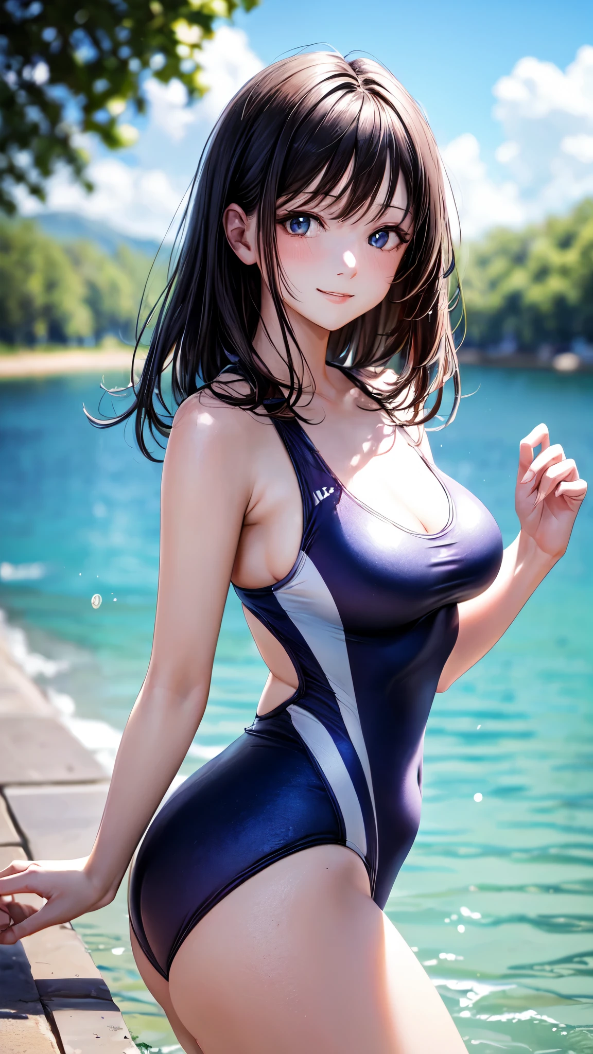 ((masterpiece,best quality,ultra detailed,high resolution)),(daytime,clear weather,bloom),looking viewer,((solo,beautiful-girl)),(black hair,straight hair),(beautiful detailed face,beautiful detailed eyes),(finely detailed skin,fair skin),slender,smile,(competition swimsuit,impossible clothes),(on the beautiful lake,beautiful sky),((cowboy shot)),(medium breast,medium hip),from side,