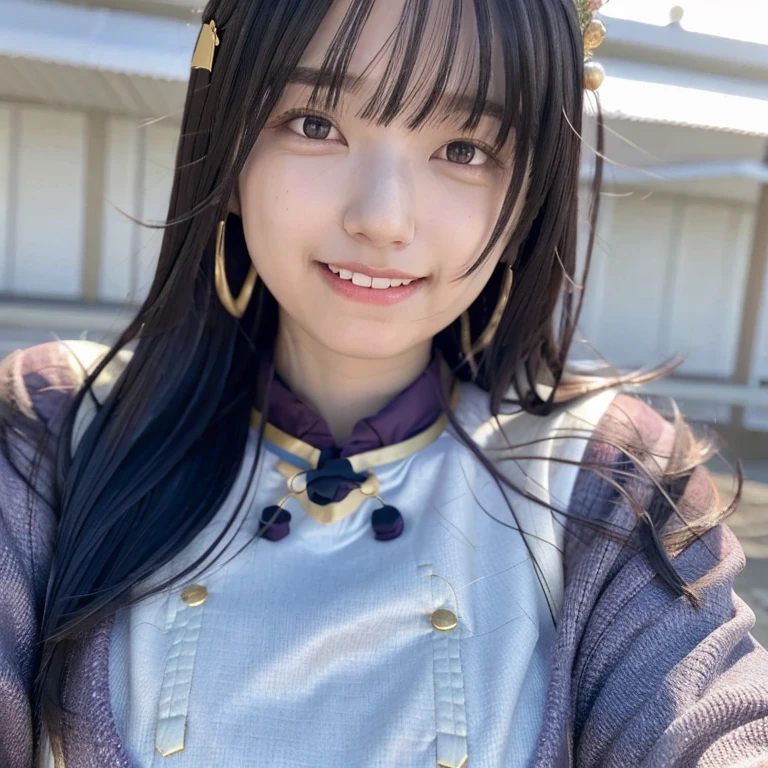 (8K, Raw photo, highest quality, masterpiece:1.2), (reality,reality写真 :1.37), Super detailed,((full body shot,front)), 1 beautiful woman,(Clothes that accentuate the breasts,Black, red and purple clothes),cute,alone, Are standing,Eyes meet, (smile:1.1), Beautiful huge breasts, (long hair:1.2), 20th generation,round face,sex appeal,invite,((A big smile)),