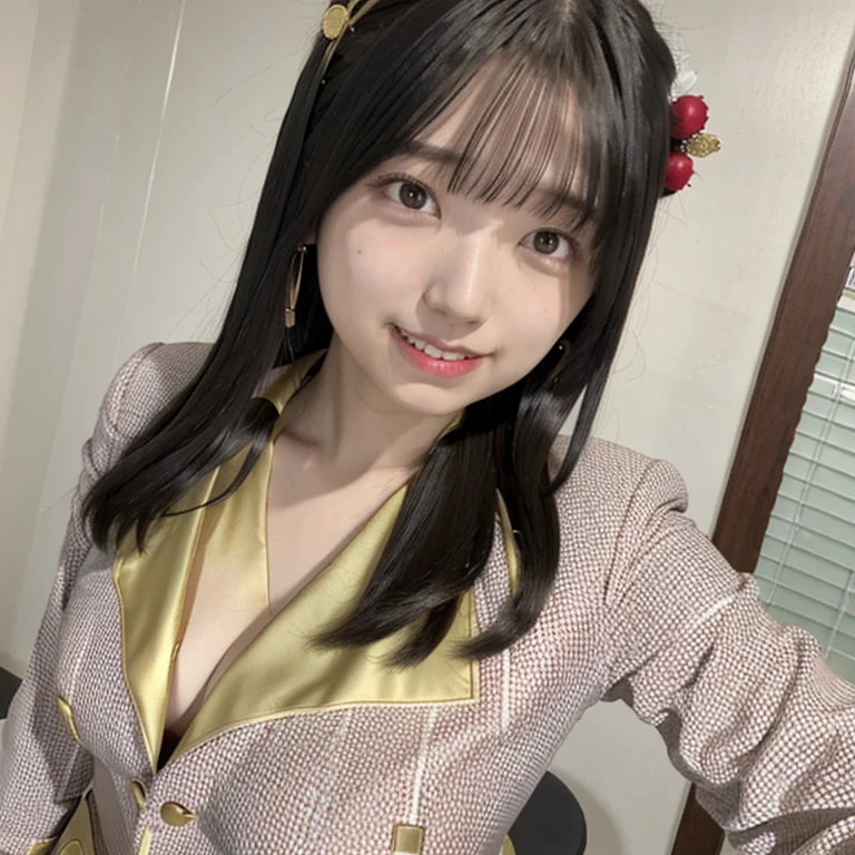 One person, Long Hair, High resolution, masterpiece, accurate, Anatomically correct, 最高quality, detail, 高いdetail, High-resolution model, 高quality, quality, One person, Blushing, Gaze, Long Hair, Large Breasts, Close your mouth, Close your mouth, Wide-angle shot, Headpiece, accessories, far and near method, Large Breasts, Earrings, Large Breasts, smile, Sticking out tongue, Smiling with teeth showing, smiling, happiness/joy, Test model, Nikon, Fujifilm, Sony FE GM, Large Breasts,