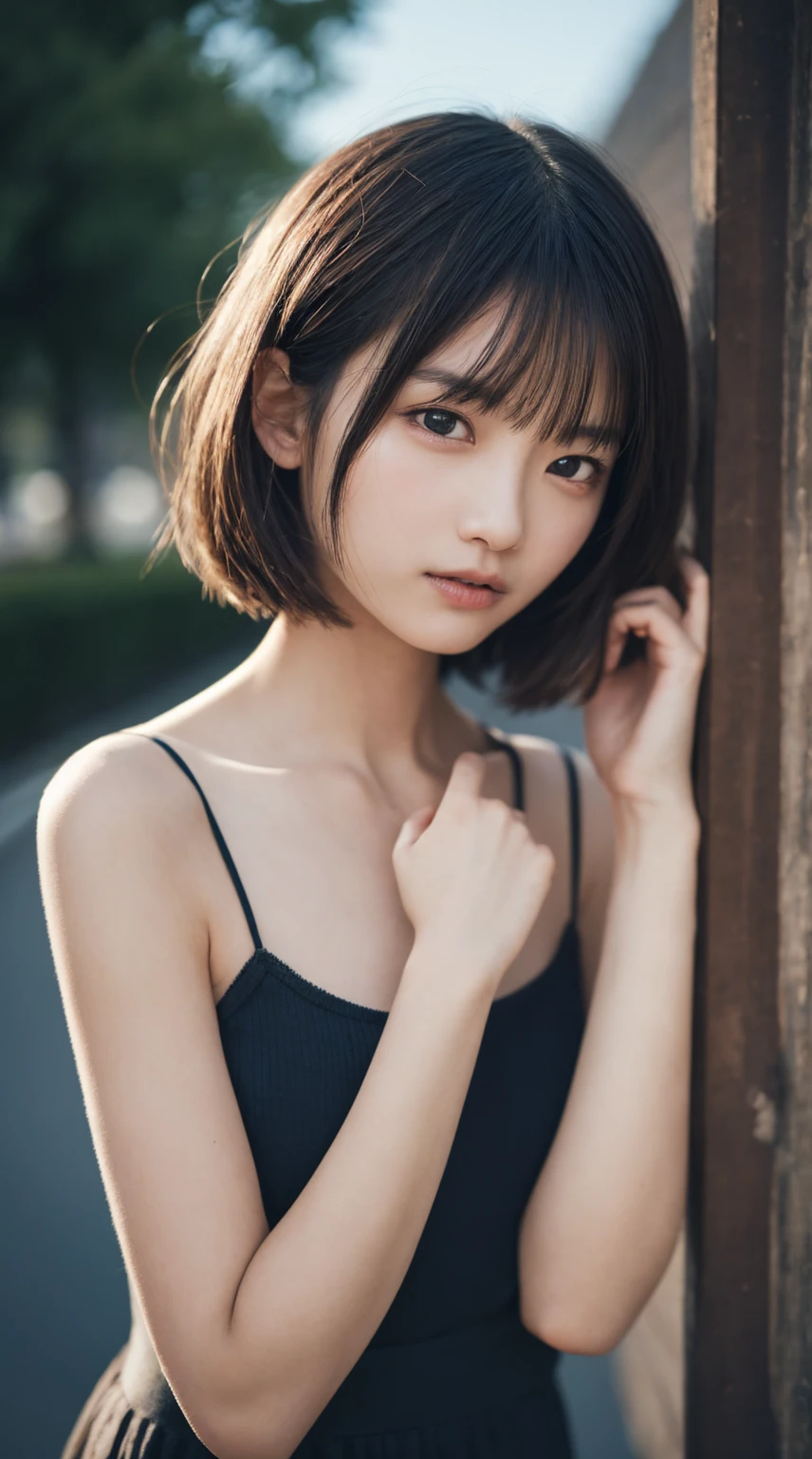 masterpiece, best quality, 8k, raw photo, absurdres, award winning portrait, break, 15yo, teen, solo, short hair, medium breasts, night, neon, idol face, violaceaess, gardeniass, delicate girl, upper body, DSLR, looking at viewer, candid, sophisticated, youthful, thin arms, professional lighting, film grain, chromatic aberration, (detailed eyes and face and breasts:1.0), (bokeh:1.1)