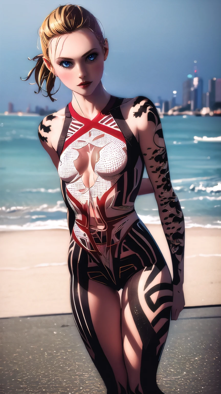 Eve from StellarBlade is at the beach, wearing a red dress, hyperrealistic, 8k