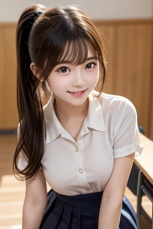 Create a hyper-realistic, ultra-high-resolution portrait of a young Japanese girl standing alone in a classroom. The image should focus on her face with a soft light that highlights the fine details, particularly the sparkling light in her eyes. She has a beautiful face with realistic human skin textures, captured in a RAW photo style. She is wearing a traditional Japanese high school uniform, which includes a sailor-style blouse and pleated skirt. Her hair is tied in a ponytail, and she is holding a small box while smiling warmly. The image should be full-body, showing her standing straight. The overall atmosphere should feel natural and authentic, emphasizing the high level of detail in her facial features, the texture of her skin, and the precise design of her school uniform.