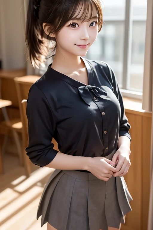 Create a hyper-realistic, ultra-high-resolution portrait of a young Japanese girl standing alone in a classroom. The image should focus on her face with a soft light that highlights the fine details, particularly the sparkling light in her eyes. She has a beautiful face with realistic human skin textures, captured in a RAW photo style. She is wearing a traditional Japanese high school uniform, which includes a sailor-style blouse and pleated skirt. Her hair is tied in a ponytail, and she is holding a small box while smiling warmly. The image should be full-body, showing her standing straight. The overall atmosphere should feel natural and authentic, emphasizing the high level of detail in her facial features, the texture of her skin, and the precise design of her school uniform.