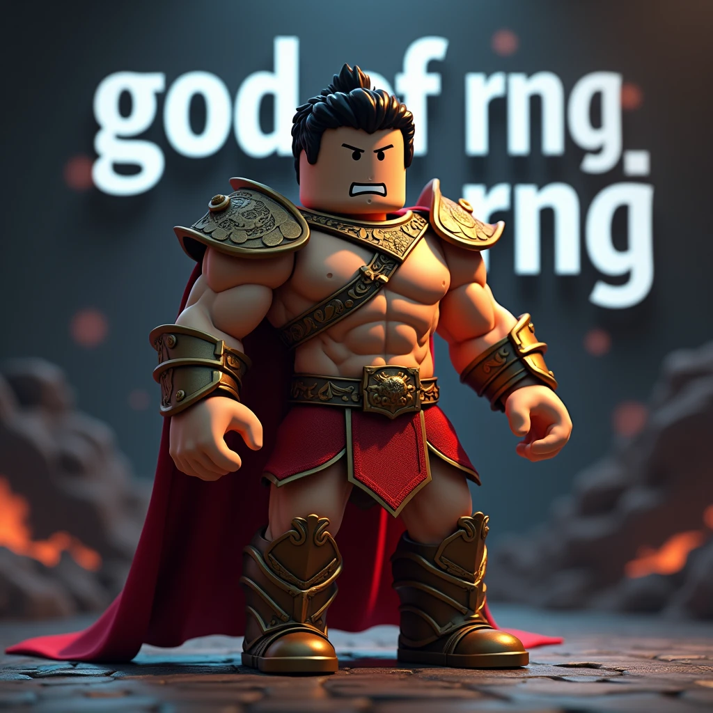 Ares god of war as a roblox character (add text saying “God of RNG” in the background)