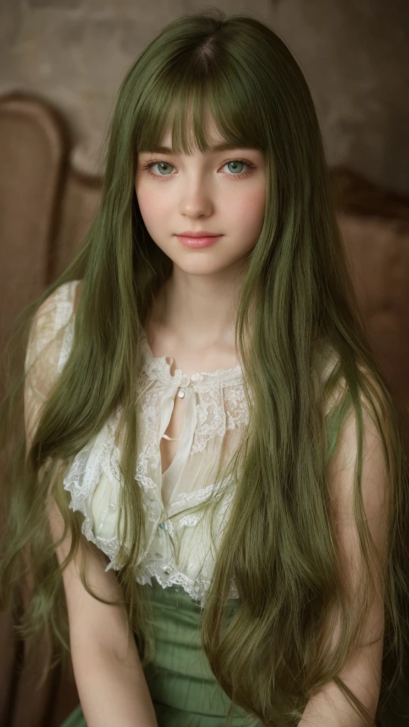 a girl. European. Extremely detailed face. Oval face. Delicate facial features. Half-closed eyes. gentle. Long straight hair. Messy hair. Bangs. Green hair. Green eyes. Pensive. Melancholic. Ethereal. Innocent. smile