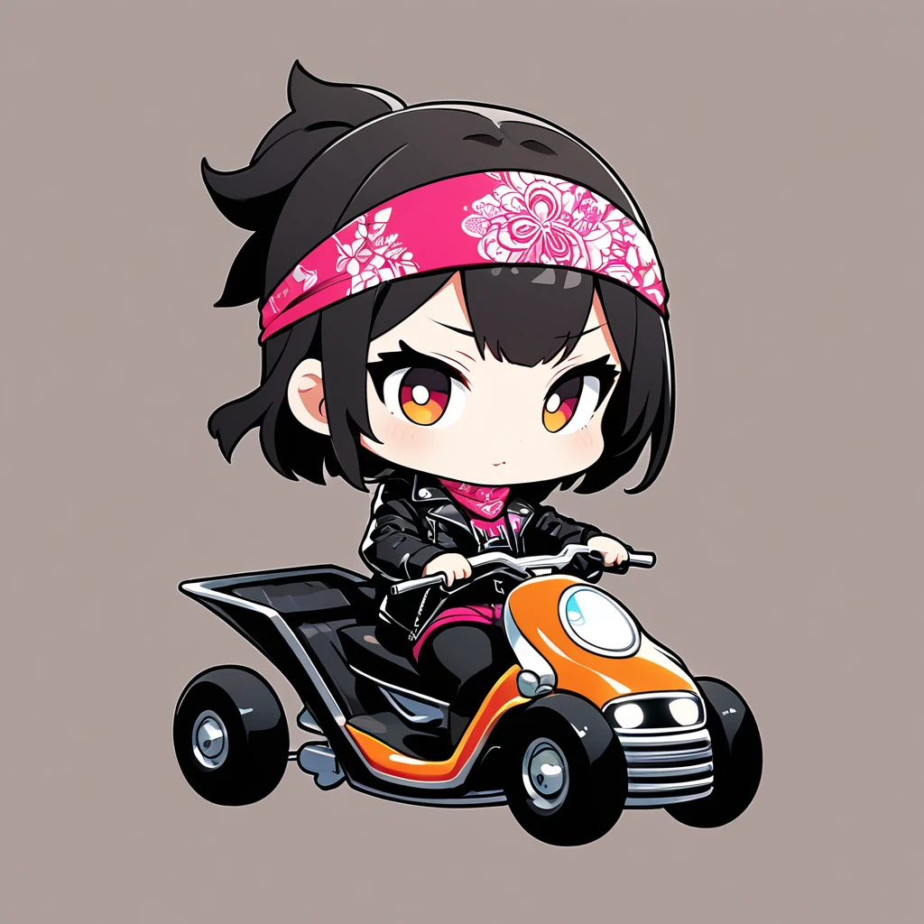 ultra-small deformation, Chibi Cute, 1girl, solo, full body, Black Leather Jacket and pants, a bandana on head, riding a motor threewheeler, smugness, High contrast and vivid color, simple background