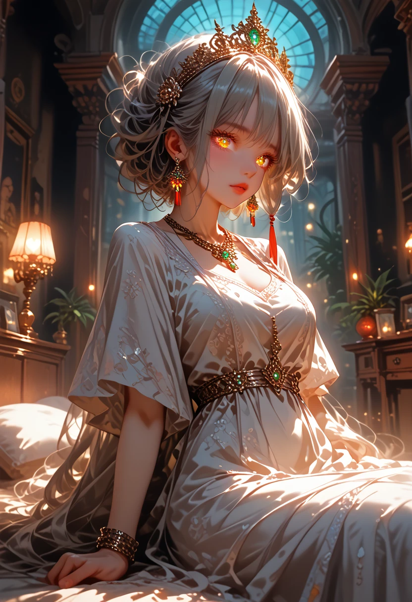((maSt.erpiece, beSt. quality)),, St.. Louis (Luxury wheels) (Лазурный переStок), a high resolution, higheSt. quallity, illuSt.ration, cinematic light, Ultra detailed, detailed face, (detailed eyes), beSt. quality, hyper detailed, maSt.erpiece, (detailed face), large breaSt.S, hair ornament, earrings, NECKLACE, portrait, silver dress, Revealing clothing,higheSt. detailS, glowing eyes, (Hotel:1.2), sitting in bed, sitting, bed, window, night sky, Backlight, rays of light, (high contraSt.), (colorful),