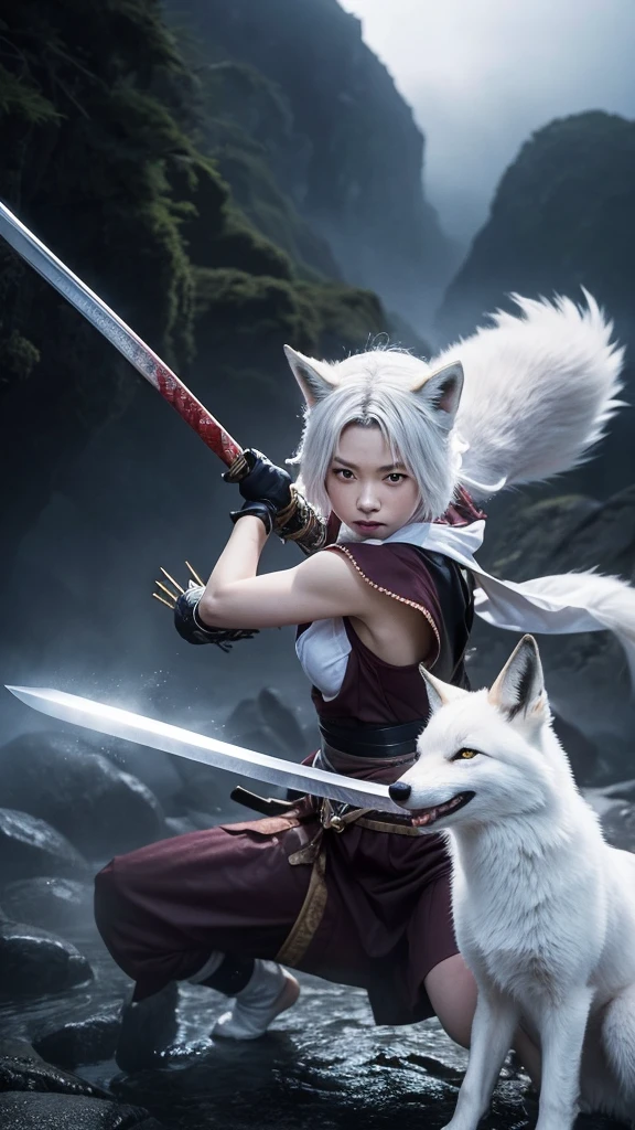 The mysterious maid、 (Musashi Miyamoto)、 Wielding a long Japan sword、Split with a powerful blow、Wrapped in a fog that blocks visibility、Revealing a vivid and otherworldly scene、The clarity of a sword strike against a blurry background、Mysterious Background、The white fox's sharp gaze met the viewer's eyes.、A mysterious layer of mist covers the foreground、Earrings、Clear Eyes、Exquisite and delicate kimono、Dramatic lighting and colors、Burning Fire、