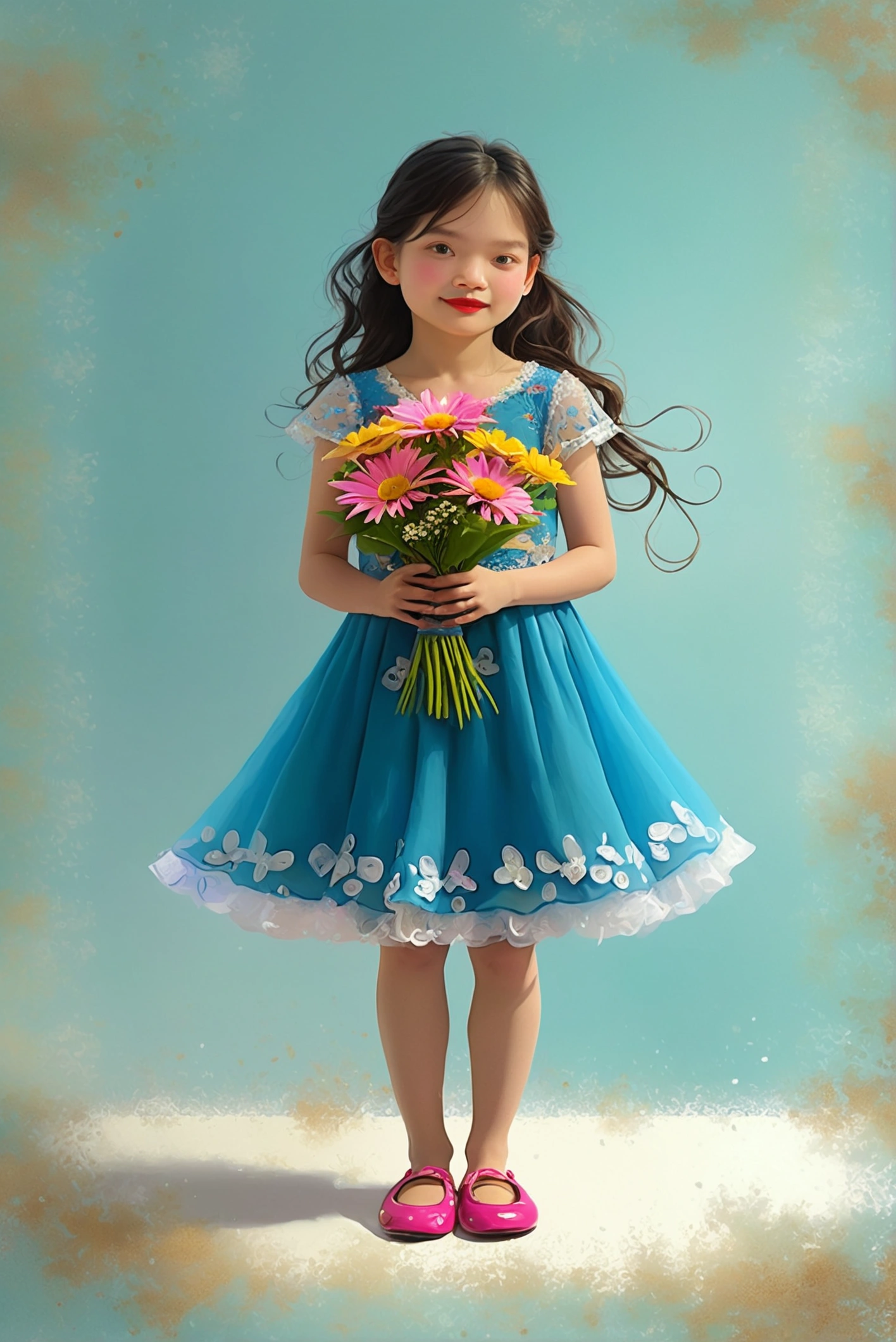 holding a flower in a blue dress,
wearing pink shoes