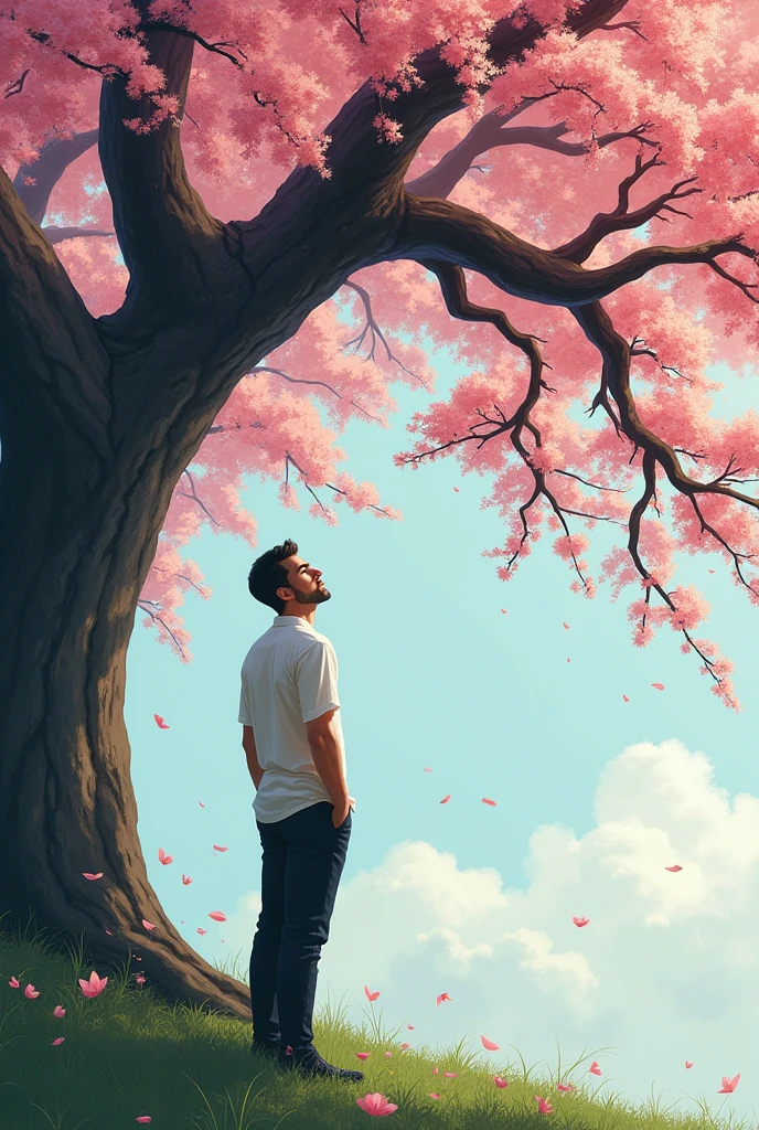 Under a large cherry tree, a handsome man is facing the tree and looking up at the cherry blossoms.