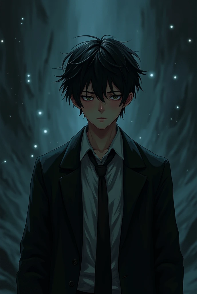 anime,black hair,male,Lab coat Black,tie(unbutton),eyes bags,black ground fantasy,sleeping
