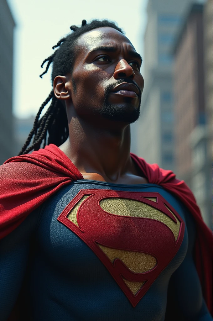A black man with braid hair and big nose in superman dress