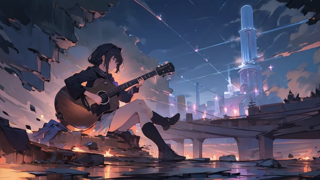 masterpiece,night,(dark alley),star、Night evening Sky、milky way、octone、
(1. Female), (solo), Knee hugging sitting,acousticguitar