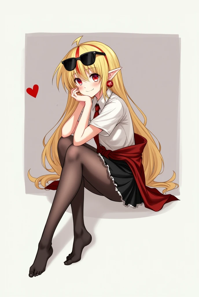 best quality, masterpiece, high resolution, alone, {flandre_scarlet_touhou:1.15}, long blonde hair with red streaks at the tips, big red eyes, small elf ear and a ruby colored earring in her left ear, bangs with a red streak in the middle, sunglasses on her head, one side up, flirtatious smile, blush, smile, white headdress, a light white short-sleeved blouse on the upper part of the body, hair between the eyes, a red coat overlaid between her wrists, bottom a very sexy black skirt, thick thighs, pronounced hips, the girl is slim, blushing cheeks, long straight hair, white skinned girl, 1 girl, looking at the viewer smiling flirtatiously, sexy black skirt, light blouse, short sleeves, simple background, the girl is sitting crossing her left leg flirtatiously, she has black nylon stockings that are a little transparent that reach her knee, white background, white shirt, ruffles, long hair, cleavageless shirt, super tiny  girl, un globo de texto con un corazón rojo, the girl has not hat, super tiny , flirting smile, super tiny tits.