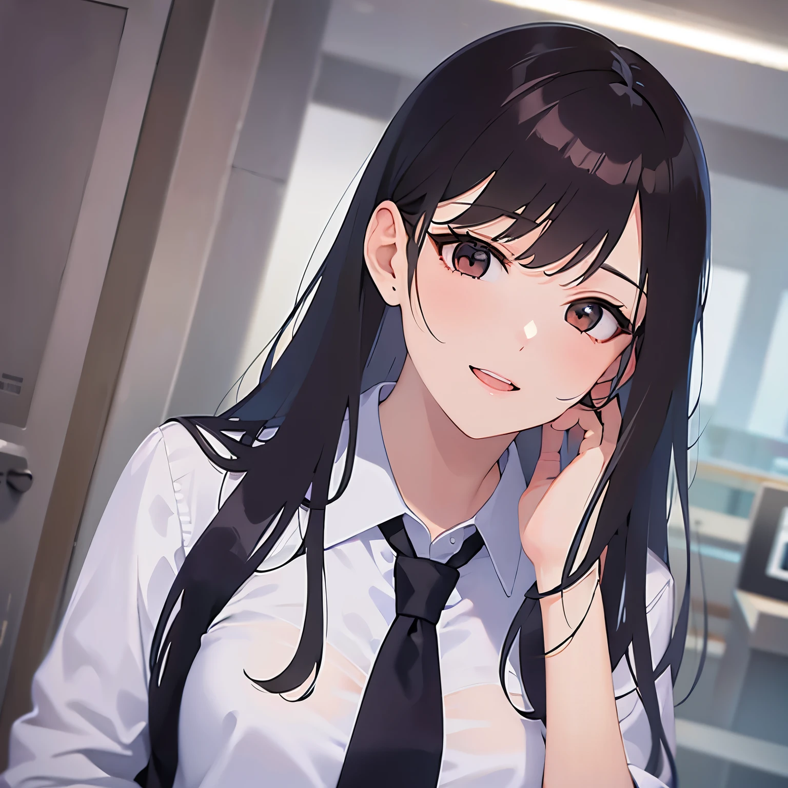 (looking at viewer:1.5)Upper Body, head tilt,(Hands on ears:1.5)、
Realistic, real person, (pale skin: 1.2), RAW photo, photorealistic, shiny skin, shiny hair、(A 25-year-old woman with medium-length hair and bangs) and (wavy hair) and (brown hair) and (orange eyes) ,
(Wearing a business suit:1.5) and (Wearing a white collared shirt)、
blush,smile,open mouth,The background is the conference room、(alone:1.5)