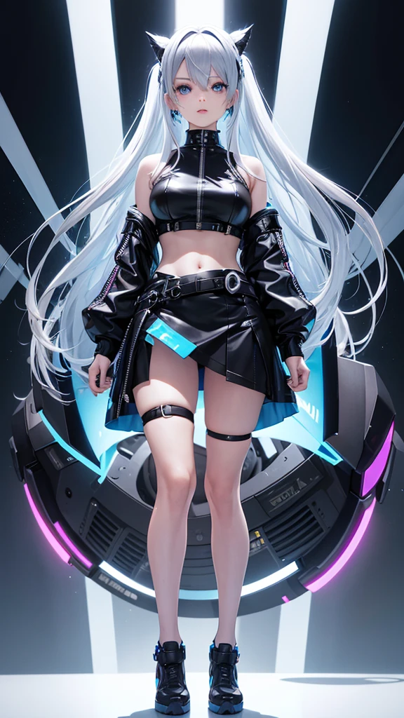 A cute girl with silver hair and blue streaks, in Japanese anime style, full-body close-up, blue eyes,long silver hair has striking sky blue and cobalt blue streaks,cyberpunk, cyber goth, large eyes, wearing a mini skirt, cyber-gothic outfit, combining sleek black leather with futuristic metallic accents, glossy and shiny, vibrant expression, honeycore, delicate markings, simple white background