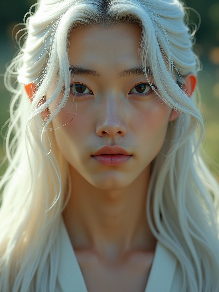 photorealistic portrait of a beautiful young adult asian man, long white hair, piercing black eyes, detailed facial features, flawless skin, serene expression, natural lighting, cinematic composition, highly detailed, 8k, hyperrealistic, masterpiece, intricate detail, realistic skin texture, glowing complexion, soft focus, professional photography