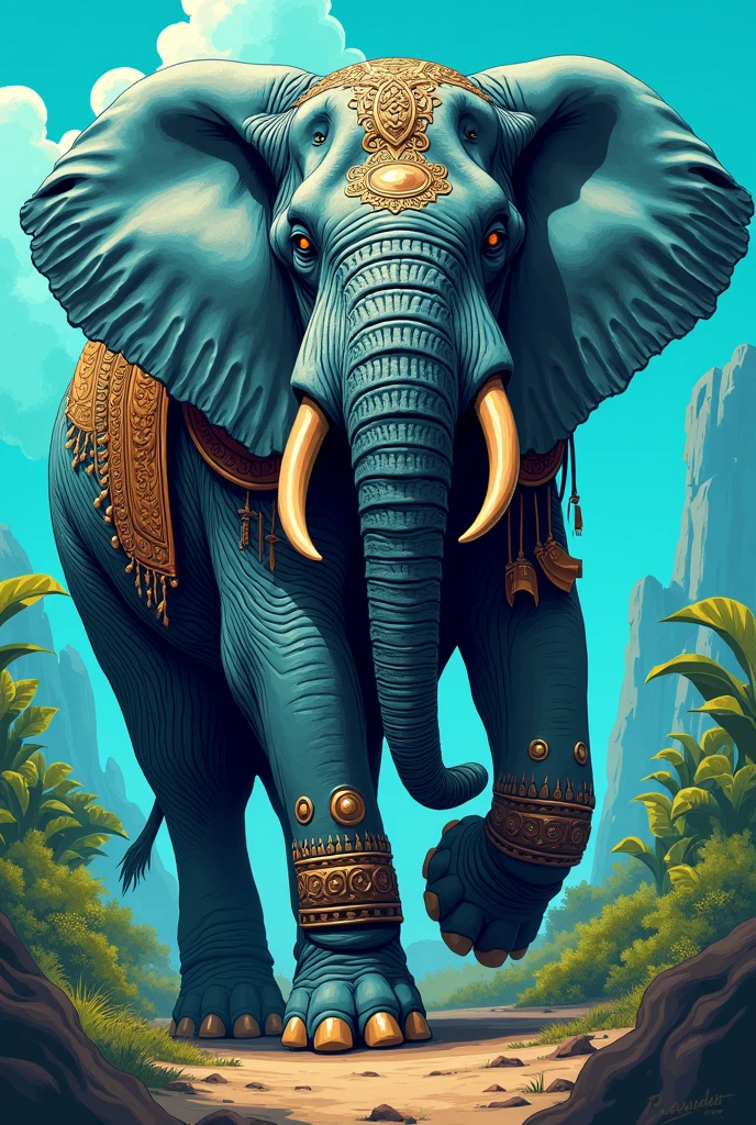 African elephant,cerulean,Intimidating Enforcer, warrior in the style of COMICS