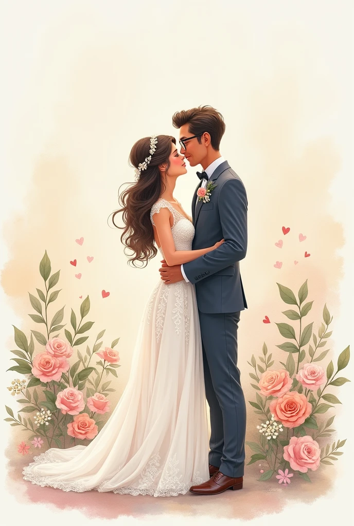Create a drawing that looks like it was painted with watercolors of a girl dressed as a bride with white skin and curly hair and a boy dressed as a groom with dark to light black skin with glasses