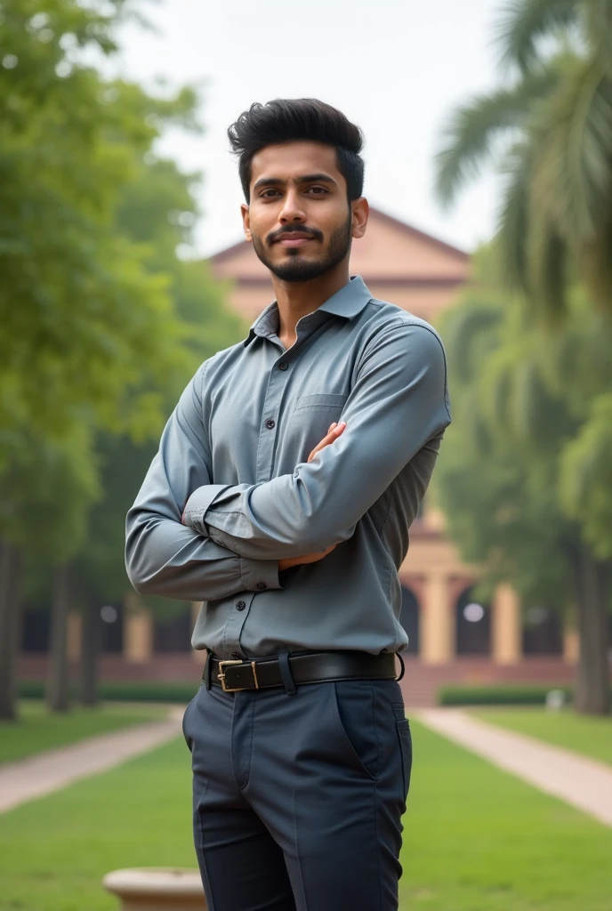 18 year old Indian boy handsome wearing formals posing for Nadeem beautiful campus in background