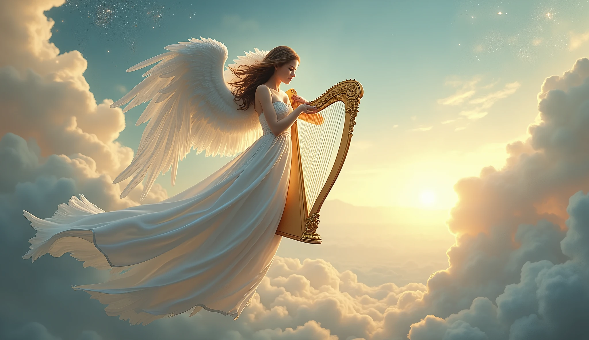 A beautiful angel with radiant, white wings hovers above a celestial landscape, her flowing gown shimmering with divine light. She strums a golden harp, creating ethereal music that resonates across the heavens, her serene expression reflecting the eternal harmony she embodies. Aim for realistic depiction, make sure photos are at highest resolution (8K)
