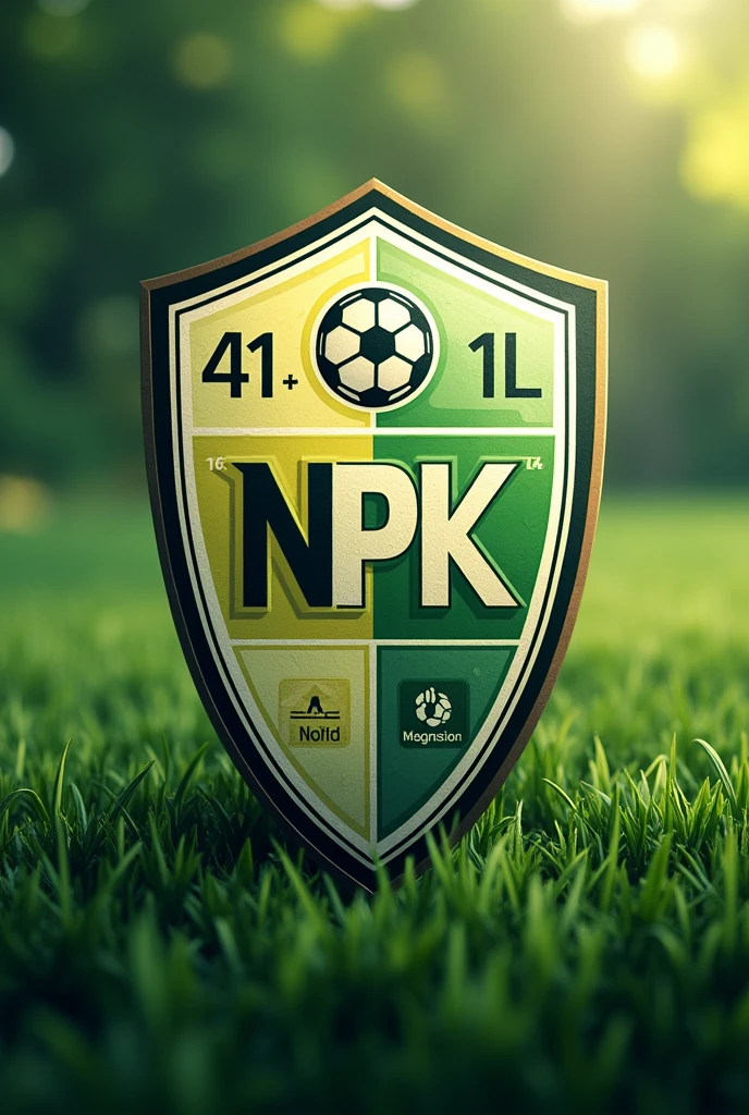 Create a shield for a football team called NPK, with references to agronomy and with the table of elements at the bottom, as Magnesium, Soccer, etc