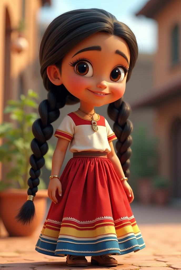 Girl with braids Pixar Disney style of the typical Paraguayan costume, tricolor horizontal skirt, red, White and blue