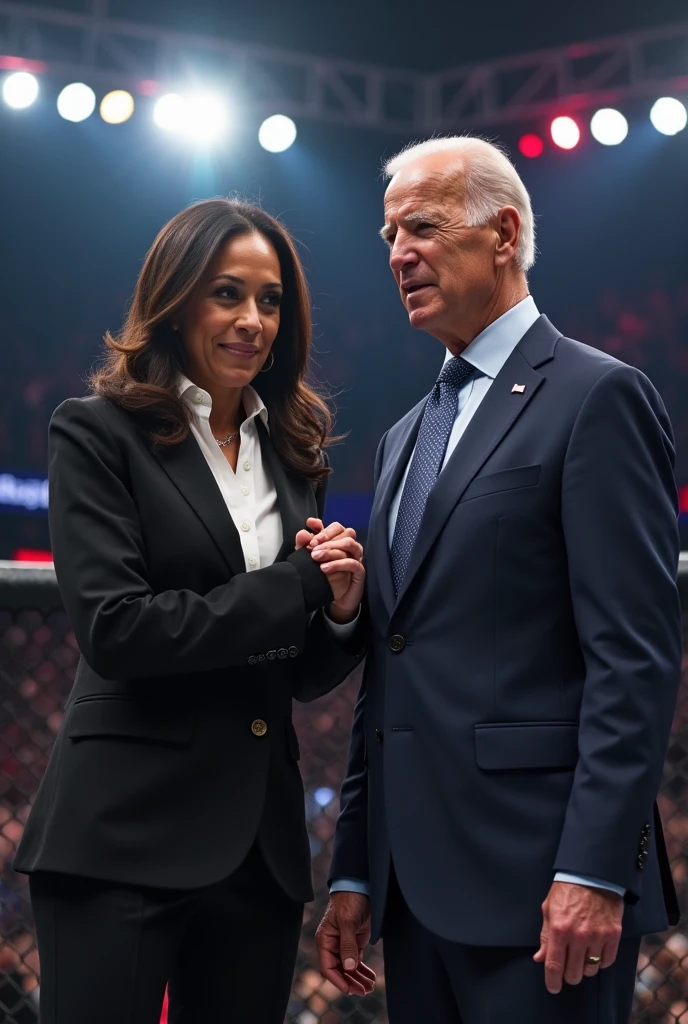 Create a UFC fight between Kamala Harris and Joe Biden together against Donald Trump 